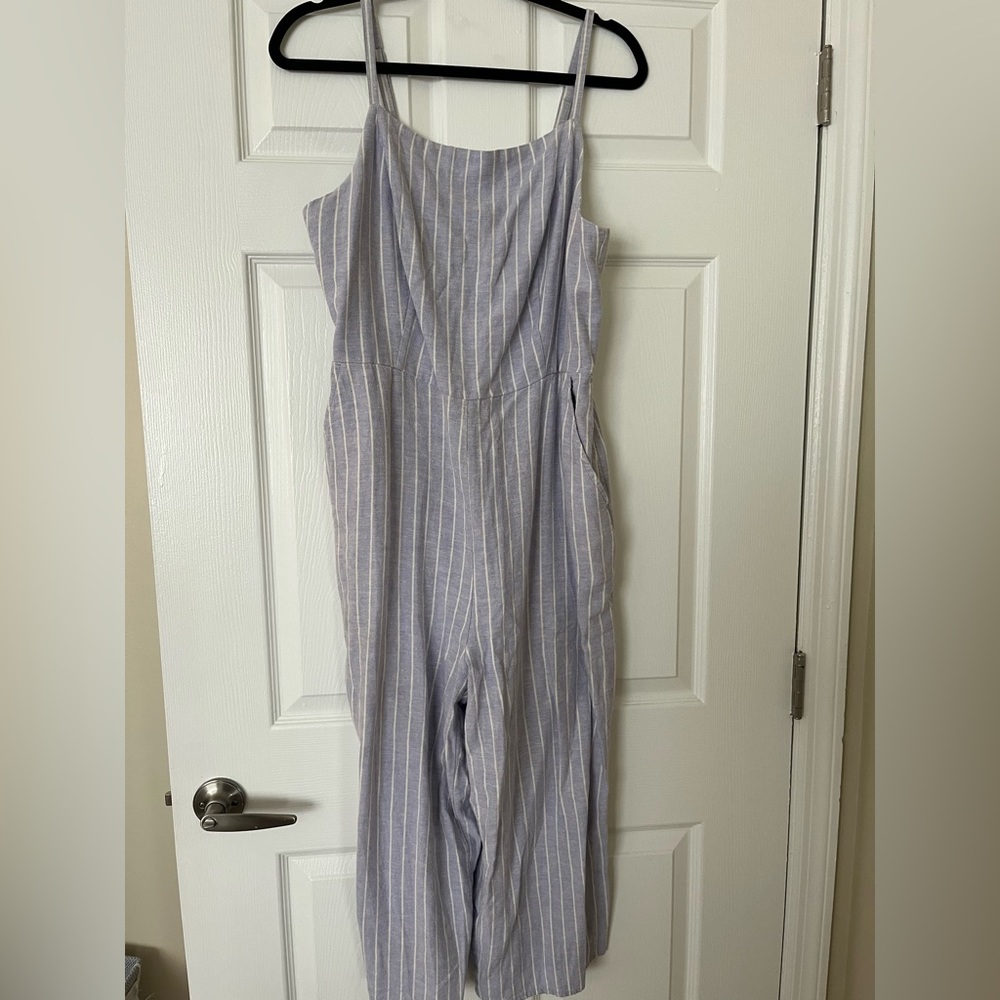 Purple & White Striped Linen Jumpsuit